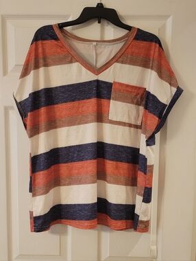 Striped V-Neck Pocket Tee in Navy, Coral & Cream